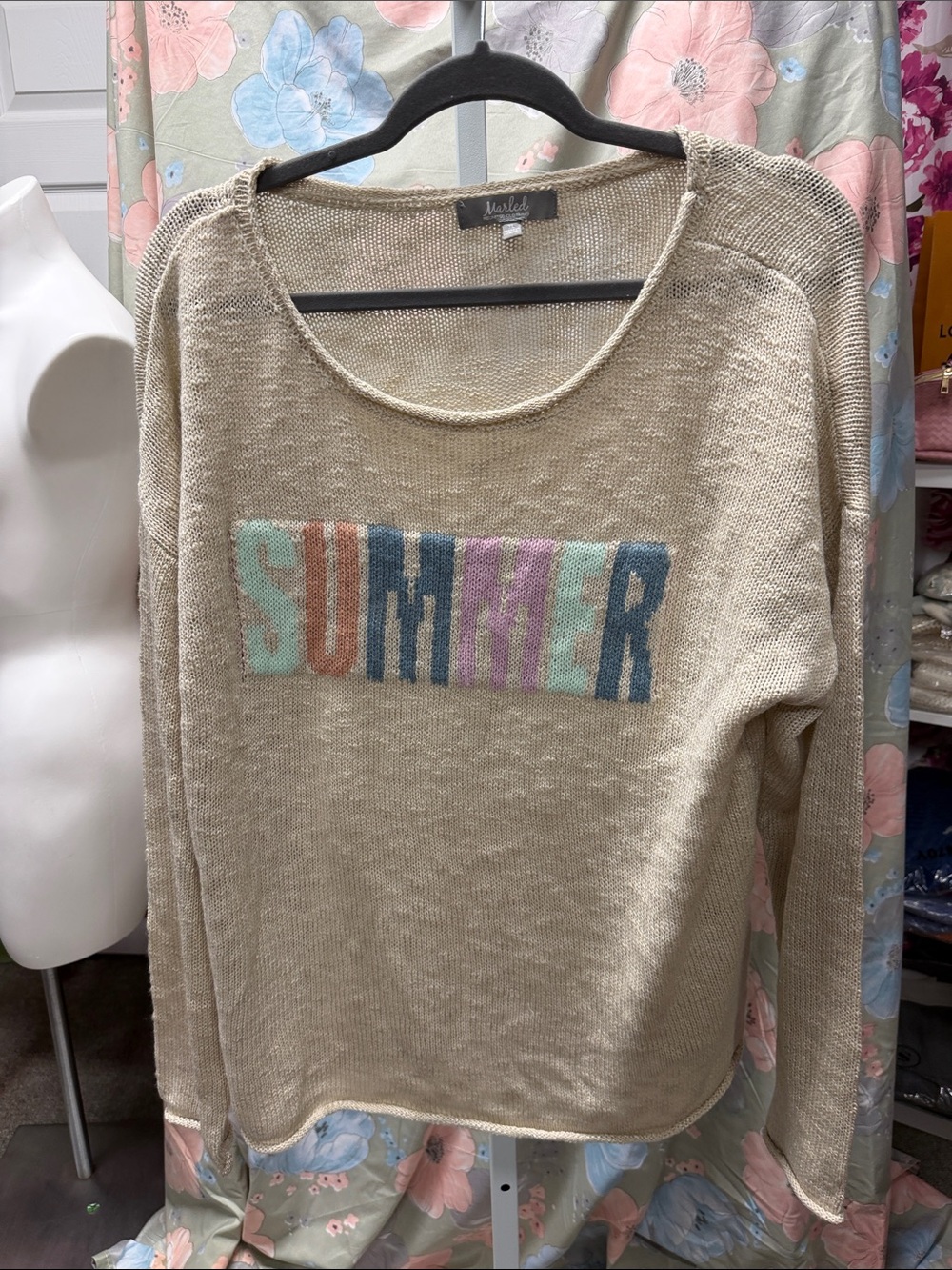 Marled Beige 'SUMMER' Knit Sweater with Multicolor Block Letters